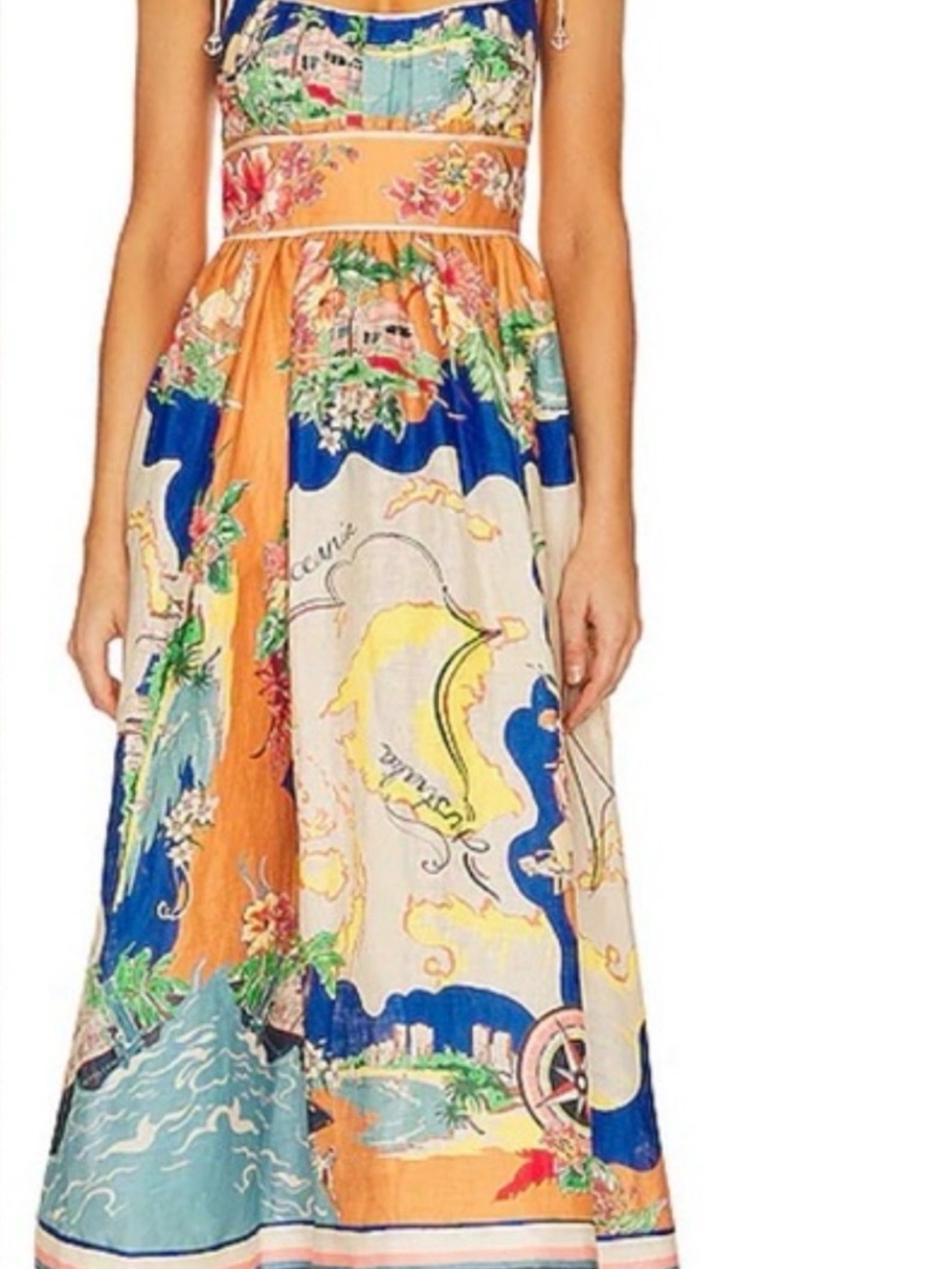 NWT Christian Lacroix linen White Lotus map print vacation sundress Dress S - Picture 3 of 14